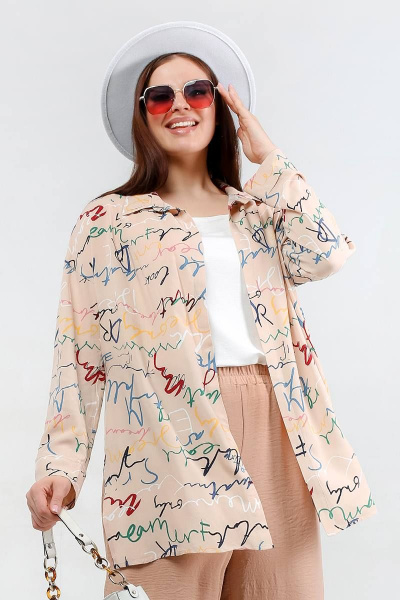 Туника свободного силуэта с принтом букв и застежкой La rouge 9072 беж-(буквы) - фото 1