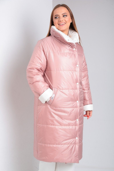 Удлиненное комфортное пальто с утеплителем и двойной застежкой Диомант 1901 бело-пудровый - фото 11