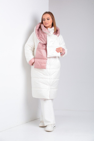 Удлиненное комфортное пальто с утеплителем и двойной застежкой Диомант 1901 бело-пудровый - фото 8