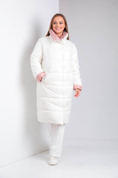 Удлиненное комфортное пальто с утеплителем и двойной застежкой Диомант 1901 бело-пудровый - фото 6