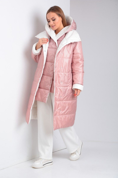 Удлиненное комфортное пальто с утеплителем и двойной застежкой Диомант 1901 бело-пудровый - фото 4