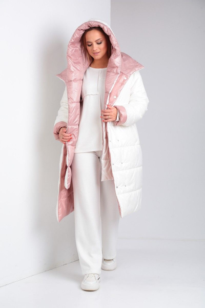 Удлиненное комфортное пальто с утеплителем и двойной застежкой Диомант 1901 бело-пудровый - фото 2