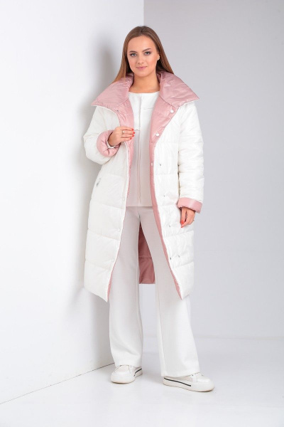 Удлиненное комфортное пальто с утеплителем и двойной застежкой Диомант 1901 бело-пудровый - фото 1
