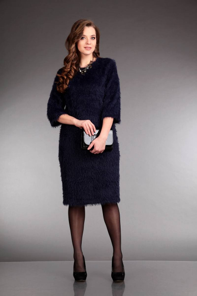 Нарядное платье из трикотажа длиной 104 см Liona Style 565 темно-синий - фото 1