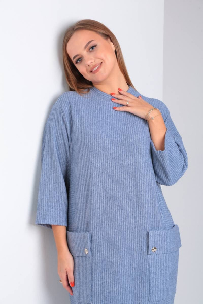 Платье свободного силуэта с накладными карманами из трикотажа TVIN 7769-1 деним - фото 6
