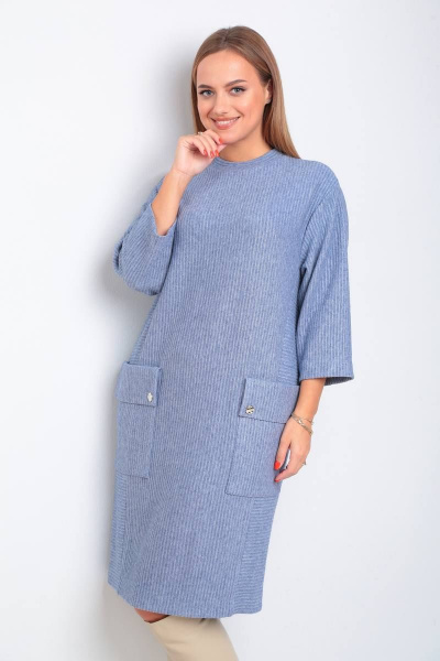 Платье свободного силуэта с накладными карманами из трикотажа TVIN 7769-1 деним - фото 5