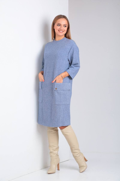 Платье свободного силуэта с накладными карманами из трикотажа TVIN 7769-1 деним - фото 2