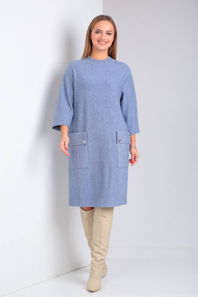 Платье свободного силуэта с накладными карманами из трикотажа TVIN 7769-1 деним - фото 1