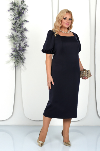 Платье из сатина с полурельефами и шлицей Ninele 7435 синий - фото 6