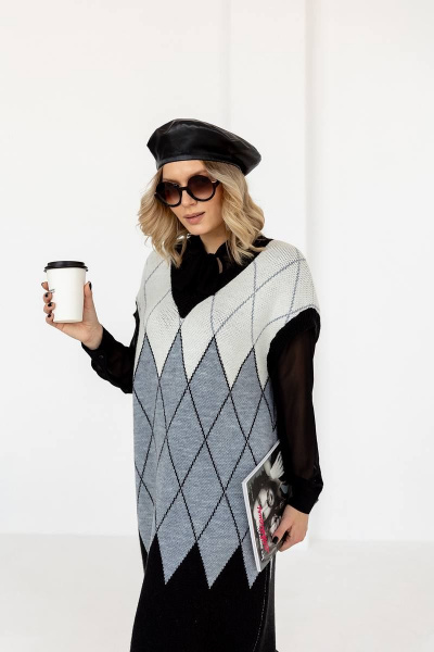 Платье вязаное серое из трикотажа с шерстью Romgil 879ШТЗ черный,светло-серый,молочный - фото 4