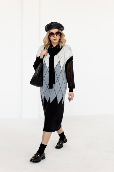 Платье вязаное серое из трикотажа с шерстью Romgil 879ШТЗ черный,светло-серый,молочный - фото 1