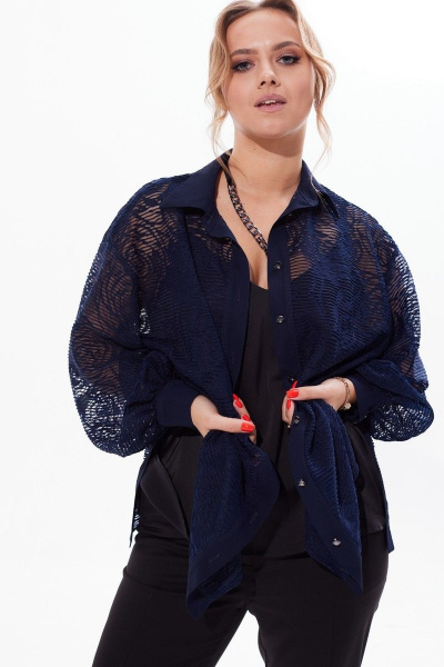 Кружевная нарядная блузка с разрезами и пуговицами Condra 16226 синий - фото 14