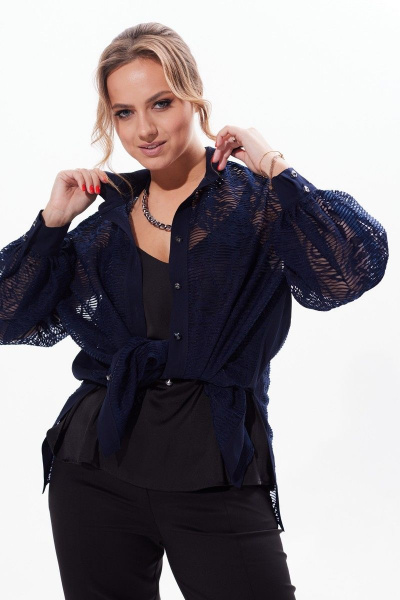 Кружевная нарядная блузка с разрезами и пуговицами Condra 16226 синий - фото 13