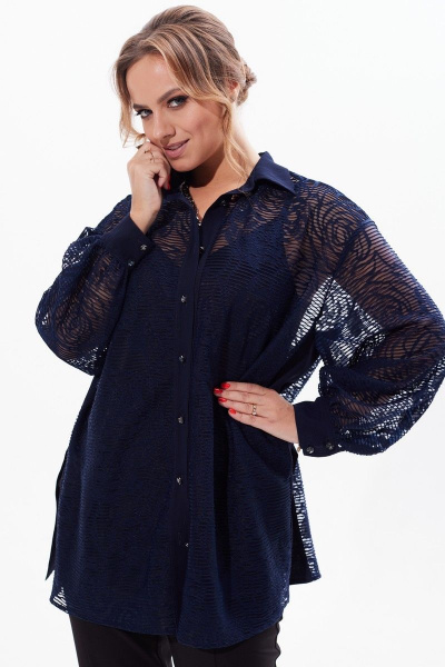 Кружевная нарядная блузка с разрезами и пуговицами Condra 16226 синий - фото 8