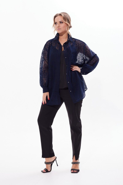 Кружевная нарядная блузка с разрезами и пуговицами Condra 16226 синий - фото 4