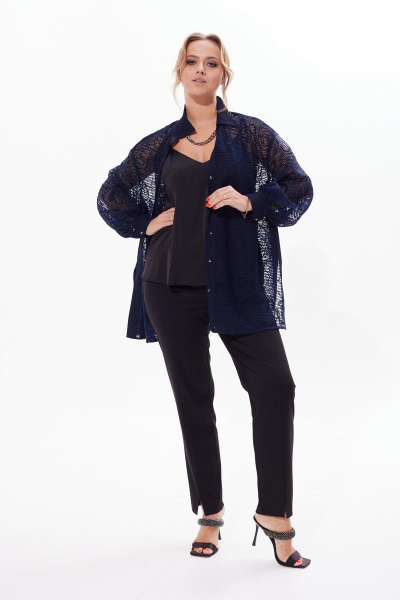 Кружевная нарядная блузка с разрезами и пуговицами Condra 16226 синий - фото 3