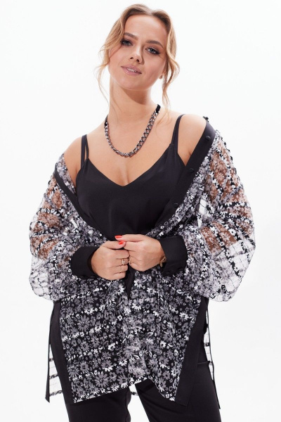 Блузка из сетки с отложным воротником и длинным рукавом Condra 16226 черно-белый - фото 13