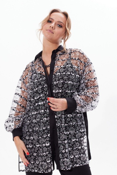 Блузка из сетки с отложным воротником и длинным рукавом Condra 16226 черно-белый - фото 12