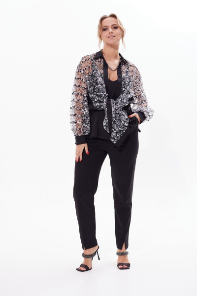 Блузка из сетки с отложным воротником и длинным рукавом Condra 16226 черно-белый - фото 9