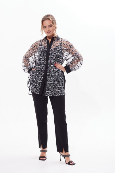 Блузка из сетки с отложным воротником и длинным рукавом Condra 16226 черно-белый - фото 6