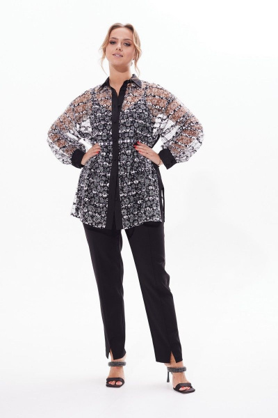 Блузка из сетки с отложным воротником и длинным рукавом Condra 16226 черно-белый - фото 5