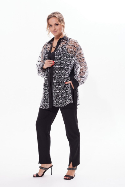 Блузка из сетки с отложным воротником и длинным рукавом Condra 16226 черно-белый - фото 4