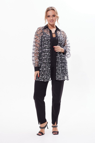 Блузка из сетки с отложным воротником и длинным рукавом Condra 16226 черно-белый - фото 2