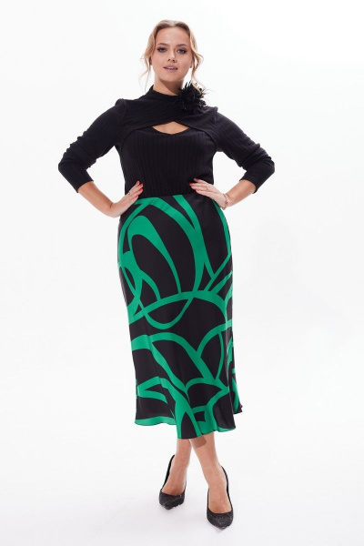 Миди юбка А-силуэт с поясом и молнией Condra 12091 черный-зеленый - фото 5