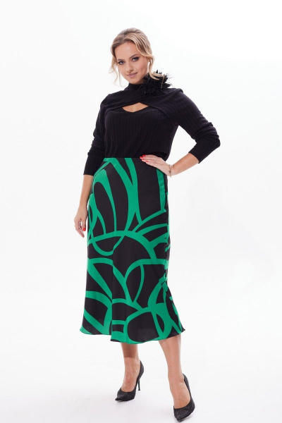 Миди юбка А-силуэт с поясом и молнией Condra 12091 черный-зеленый - фото 4