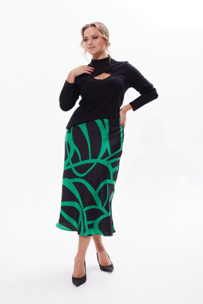 Миди юбка А-силуэт с поясом и молнией Condra 12091 черный-зеленый - фото 3