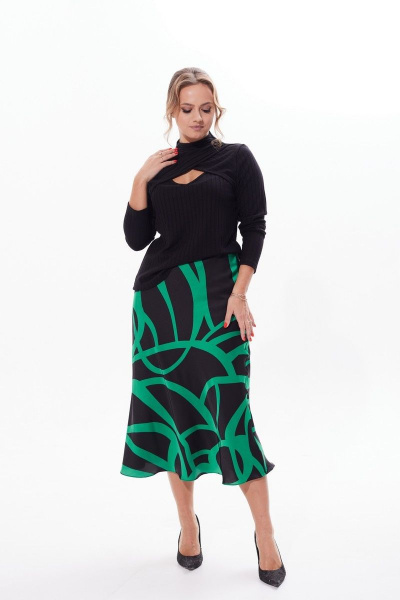 Миди юбка А-силуэт с поясом и молнией Condra 12091 черный-зеленый - фото 2
