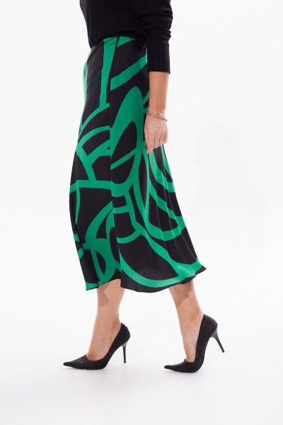 Миди юбка А-силуэт с поясом и молнией Condra 12091 черный-зеленый - фото 9
