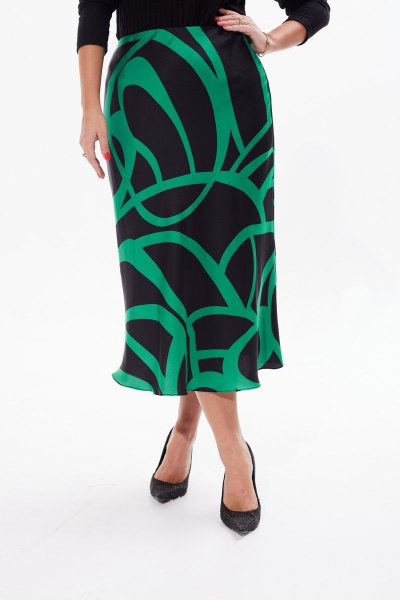 Миди юбка А-силуэт с поясом и молнией Condra 12091 черный-зеленый - фото 8