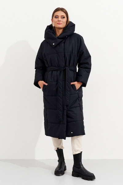 Зимнее пальто с капюшоном и съемным поясом Ketty К-10570 черный - фото 1