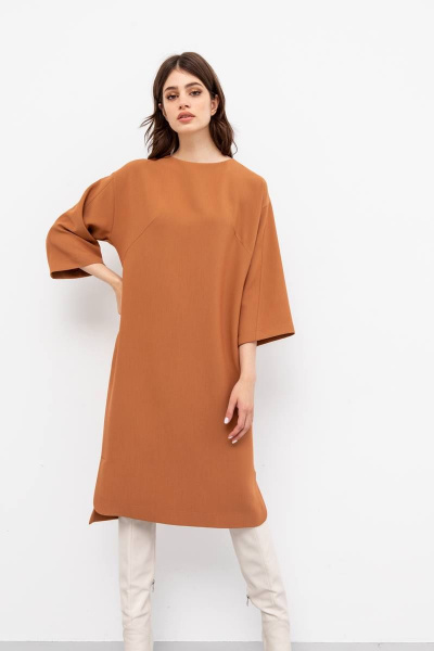 Платье свободного силуэта из поливискозы с разрезами VIZANTI 9352 карамельный - фото 1