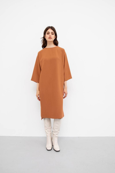 Платье свободного силуэта из поливискозы с разрезами VIZANTI 9352 карамельный - фото 6