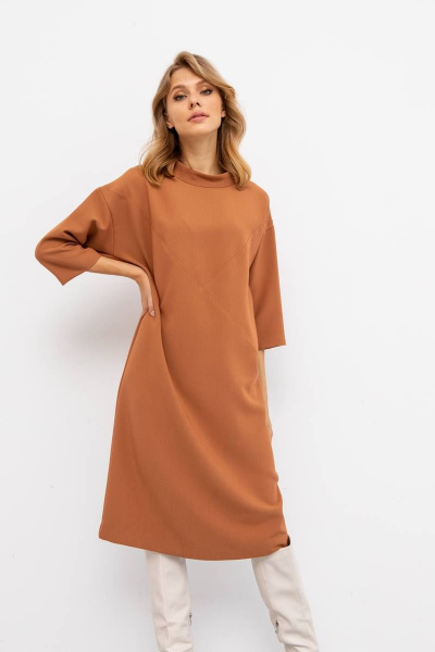 Платье свободного силуэта из поливискозы с фигурной кокеткой VIZANTI 9355 карамельный - фото 1