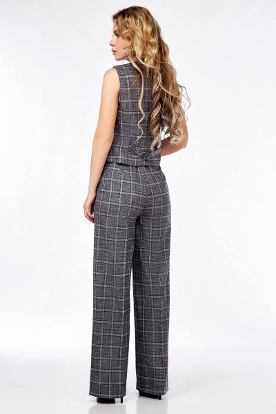 Демисезонный костюм из текстиля с жакетом, жилетом и палаццо Ольга Стиль Л-303 серый_клетка - фото 6