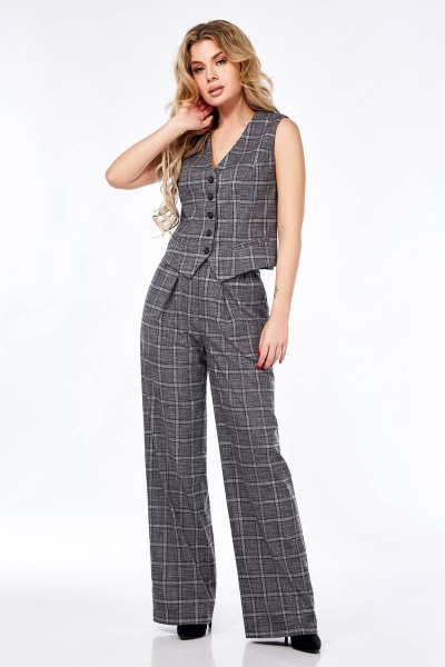 Демисезонный костюм из текстиля с жакетом, жилетом и палаццо Ольга Стиль Л-303 серый_клетка - фото 5