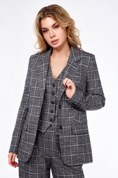 Демисезонный костюм из текстиля с жакетом, жилетом и палаццо Ольга Стиль Л-303 серый_клетка - фото 4