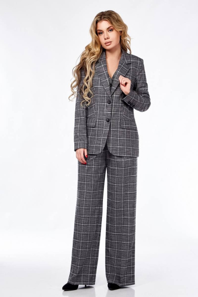Демисезонный костюм из текстиля с жакетом, жилетом и палаццо Ольга Стиль Л-303 серый_клетка - фото 3