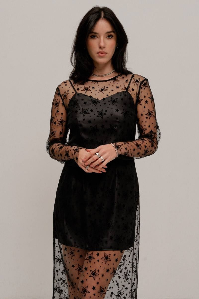 Молодежное платье из сетки и атласа с рисунком и без застежки JRSy 2392 черный - фото 2