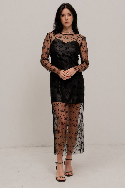 Молодежное платье из сетки и атласа с рисунком и без застежки JRSy 2392 черный - фото 1