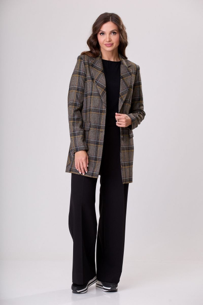 Комплект жакета и брюк из хлопка, коричневый, универсальный стиль БелЭльСтиль 860-2_92_22+565-1_57_22 коричнево-желтая клетка - фото 7