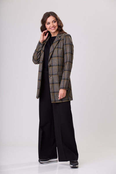 Комплект жакета и брюк из хлопка, коричневый, универсальный стиль БелЭльСтиль 860-2_92_22+565-1_57_22 коричнево-желтая клетка - фото 2