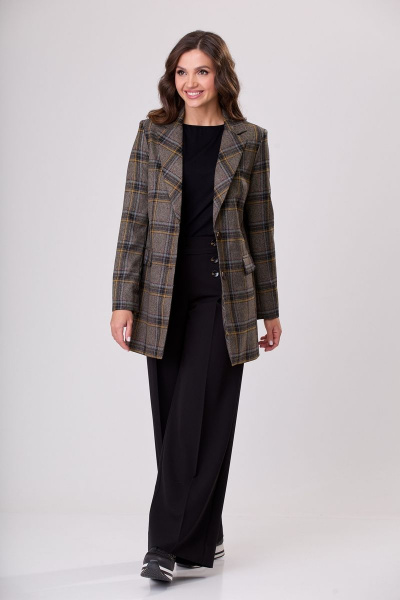 Комплект жакета и брюк из хлопка, коричневый, универсальный стиль БелЭльСтиль 860-2_92_22+565-1_57_22 коричнево-желтая клетка - фото 1