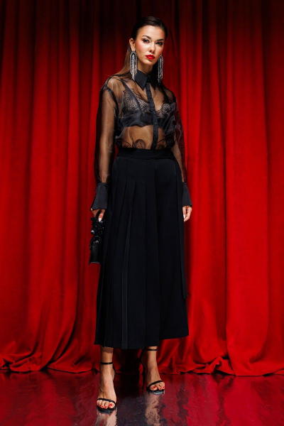 Элегантная черная блузка из органзы с воротником и рукавом-легким шифоном Butеr 2711 черный - фото 5