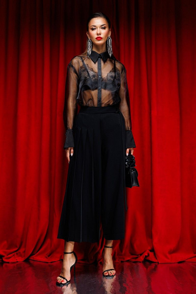 Элегантная черная блузка из органзы с воротником и рукавом-легким шифоном Butеr 2711 черный - фото 3