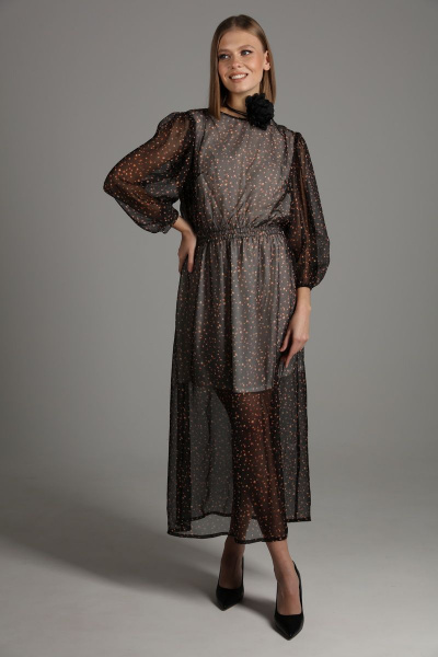 Платье шифон длинное с разрезом и собранной по талии юбкой NikVa 407 черное_брызги - фото 6