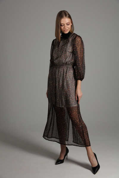 Платье шифон длинное с разрезом и собранной по талии юбкой NikVa 407 черное_брызги - фото 4